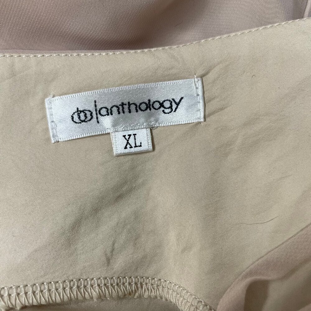Anthology Tan Pleated Drop Waist Slip Dress XL Backless Satin Feel Minimalist - Picture 9 of 11